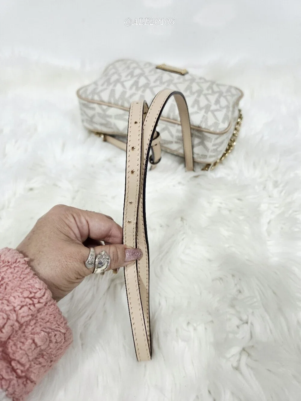 Michael Kors Beige Cream MK Monogram Crossbody Bag Gold Chain Purse